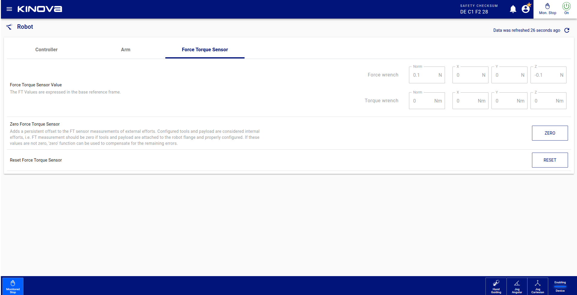 Zeroing the FT sensor from the web app