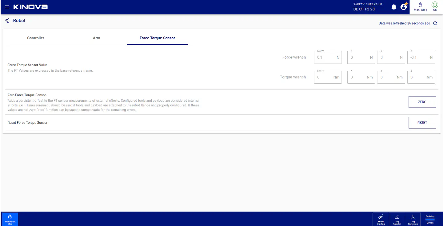 Zeroing the FT sensor from the web app